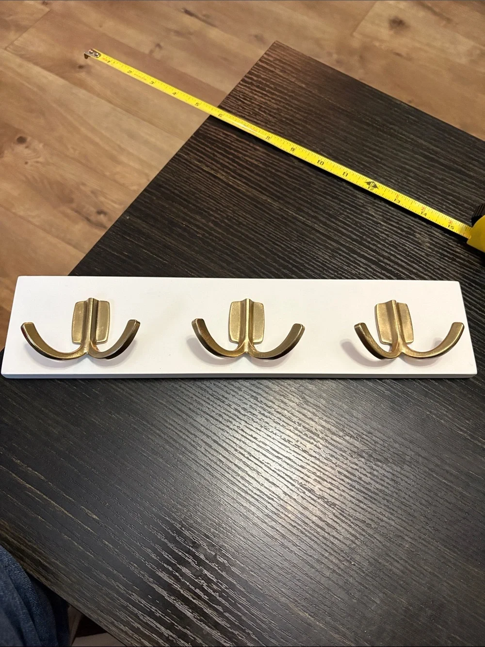 Brass Triple Wall Hook Rack on White Board - Modern Home Wall Decor